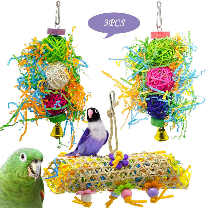3-Piece Parrot Chew Toy Set with Rattan Balls and Wooden Toys