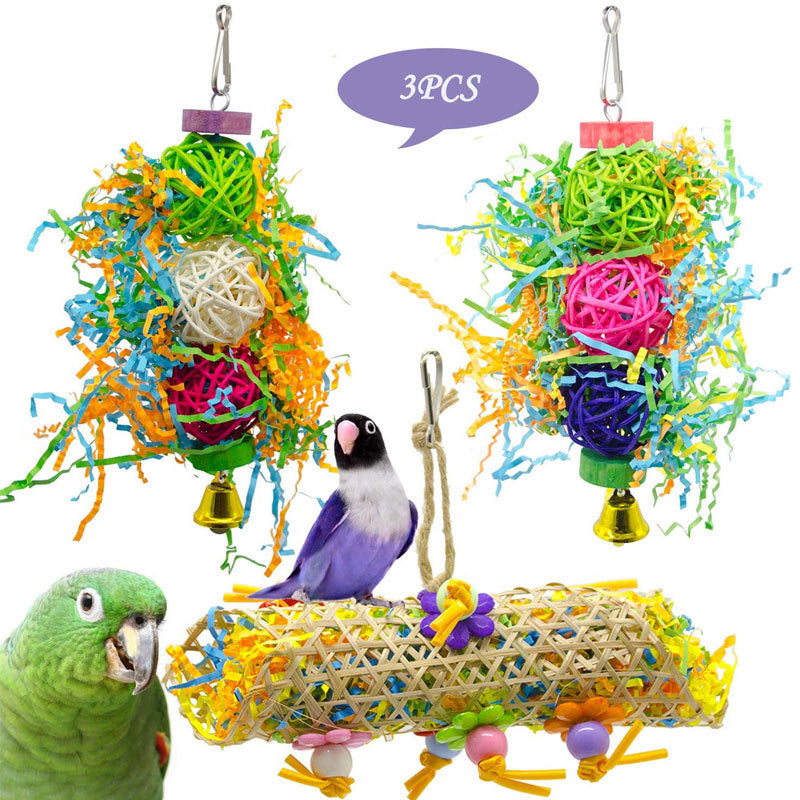 3-Piece Parrot Chew Toy Set with Rattan Balls and Wooden Toys